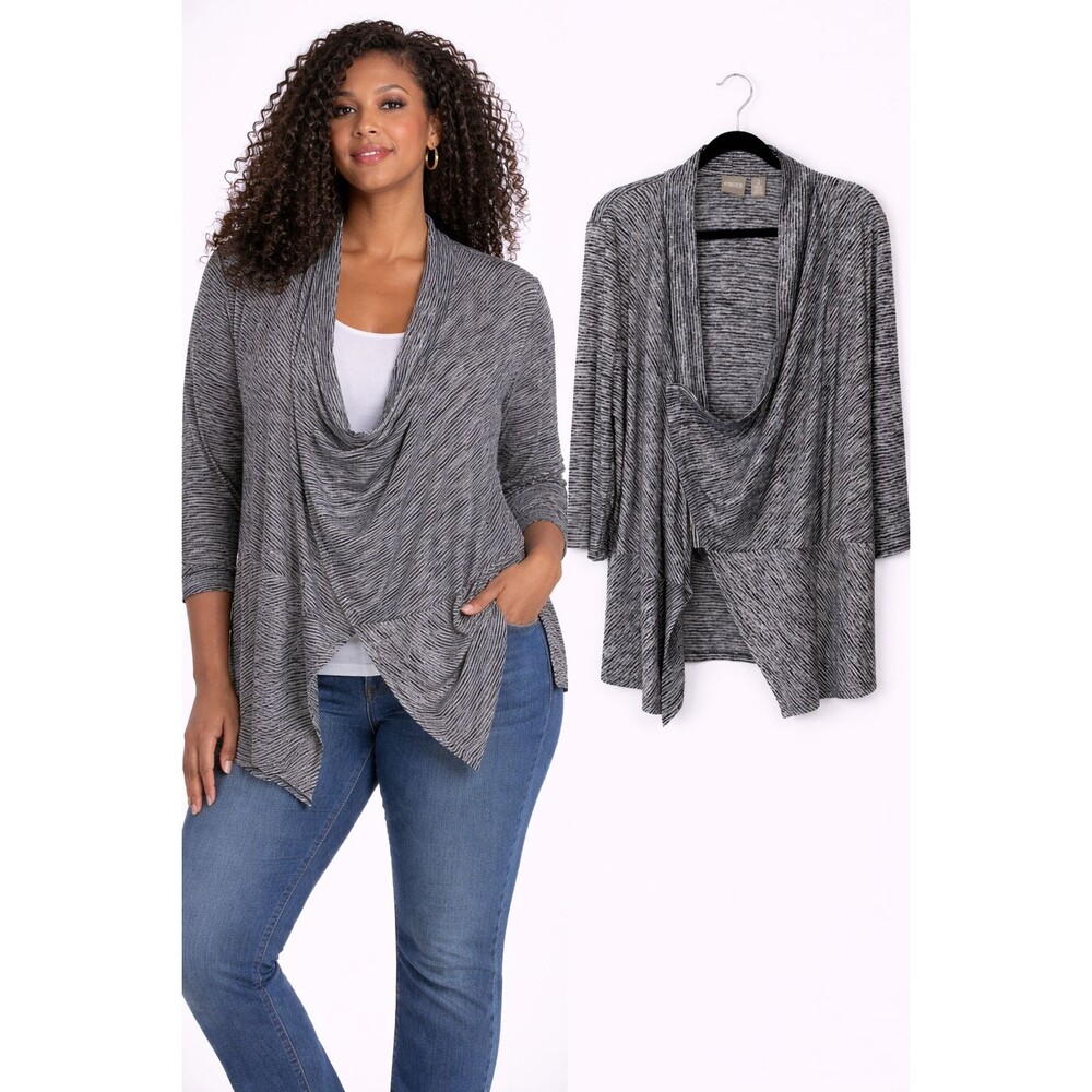 Chicos Draped Cardigan Size Large Black Stripe 3/4 Sleeve